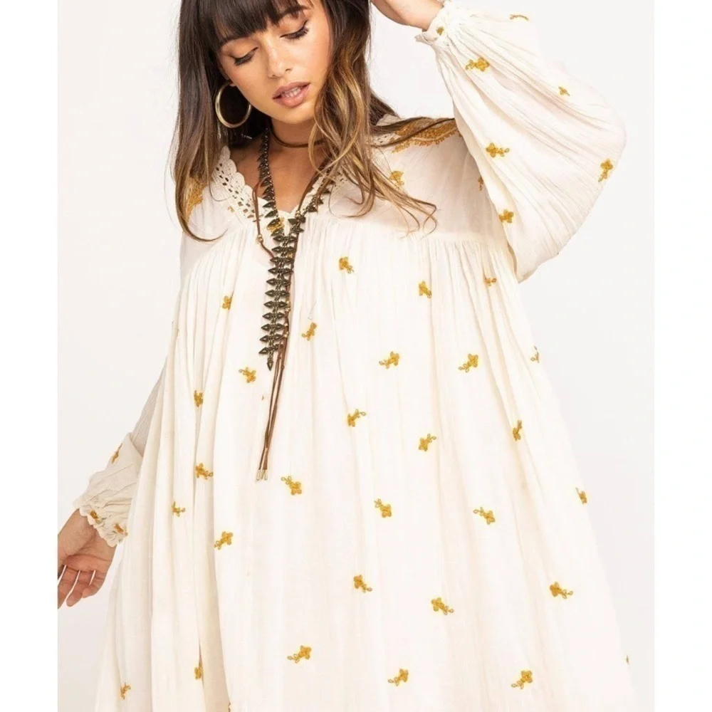 Free people oversized embroidered mp a line midi swing dress xs/s mustard ivory